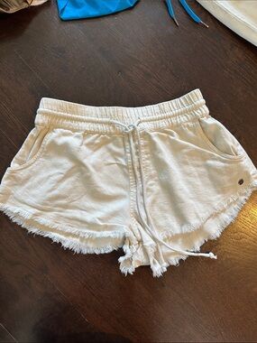 Roxy Cream Frayed Hem Drawstring Athletic Shorts